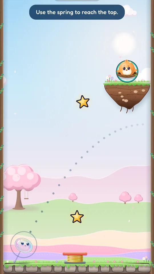 Flower Hills, level 3: the dotted aim arcs up from the bubble toward Pip in its nest on a floating ledge, with the hint: Use the spring to reach the top.