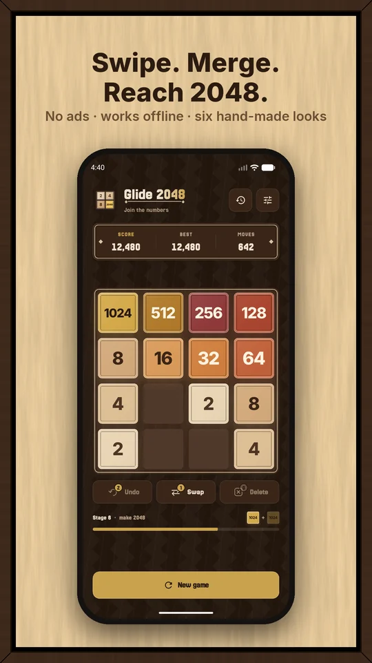 The Wood board mid-game — swipe, merge, reach 2048