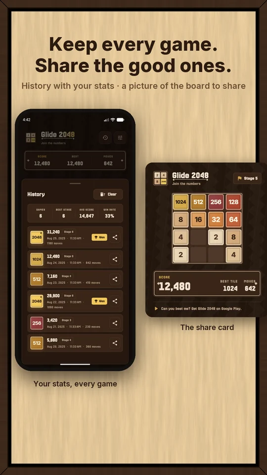 Game history with stats, and the share card the app draws