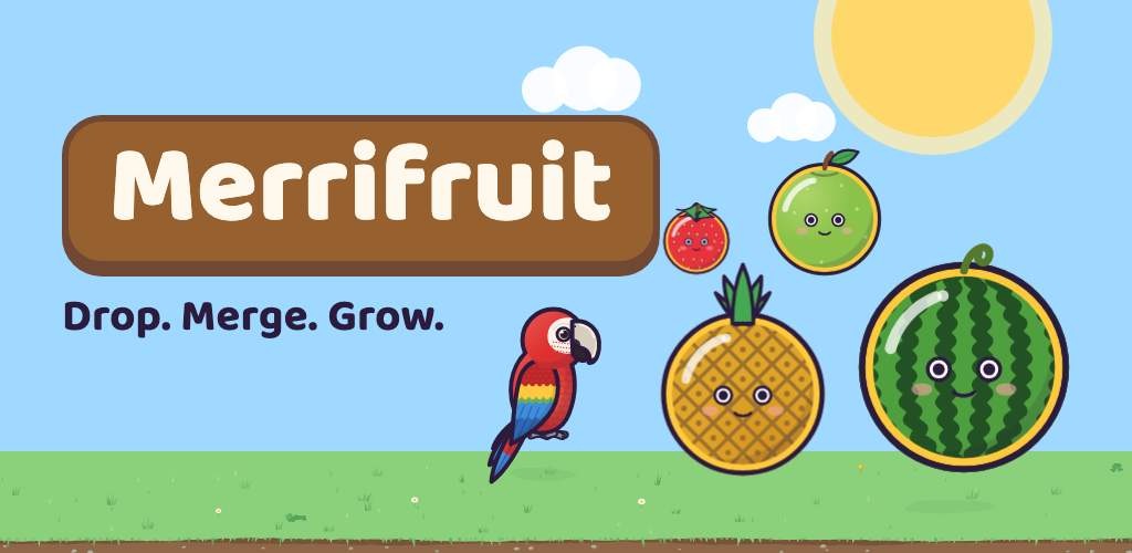 Merrifruit's feature art: the name on a wooden sign, “Drop. Merge. Grow.”, Pico the macaw and smiling fruit in a sunny field.