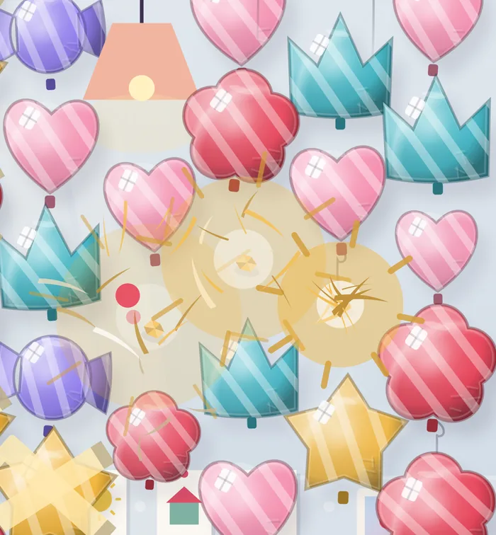 Balloons in the Kids room a moment after a chain lets go: three pops in the air, foil shards flying.