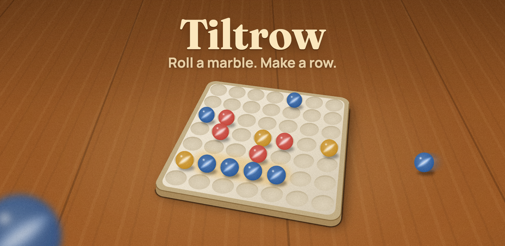 Tiltrow's feature art: the name above the Ash tray on a wood table, a row of four blue marbles lit.