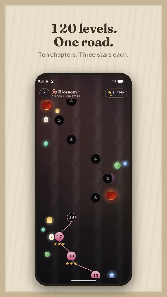 The Journey map on Lantern: a road through Blossom, won levels set as pink stones with their stars, the next one ringed, locked ones above.