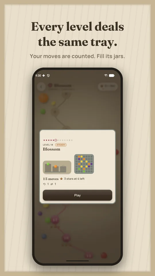 A level's card on Orchard: its number, its three jars to fill, the tray it deals, the moves it allows.
