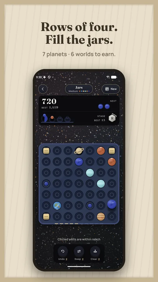 Jars on Galaxy: the planets on the tray, the orbits filling on the card, the three tools below.