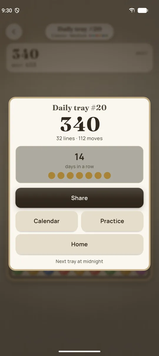 The Daily tray's result card, showing the score and a streak.