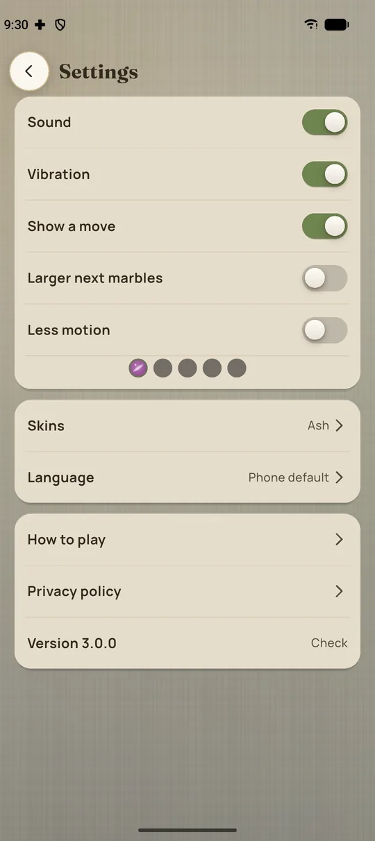 The settings page, with sound, vibration and less motion.